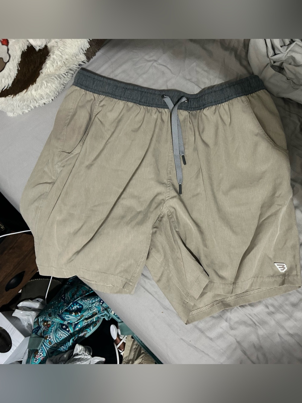 BURLEBO Beige Athletic Drawstring Shorts with Gray Waistband